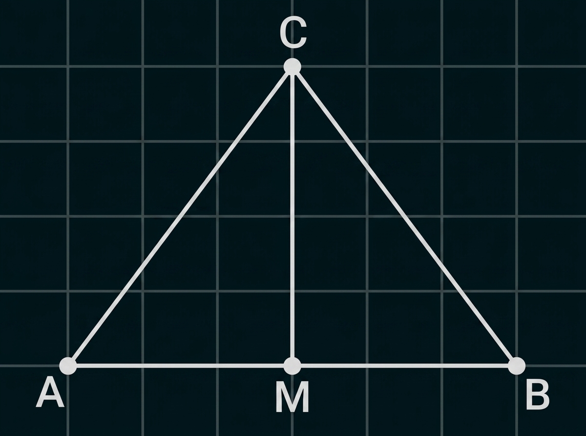 Geometrische Zeichnung eines Dreiecks mit den Punkten A, M, B und C auf einem Koordinatengitter.